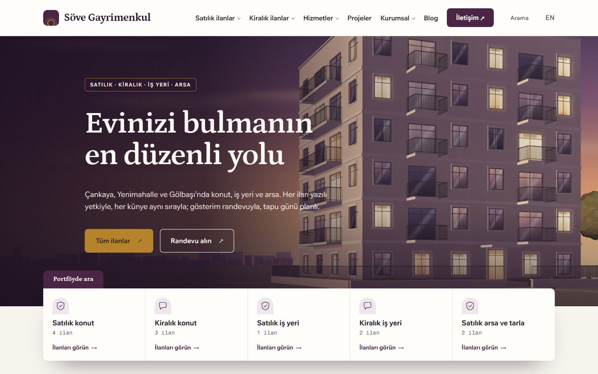 Kodluxe Emlak V2 teması — gayrimenkul danışmanlığı web sitesi tasarımının canlı demo görünümü