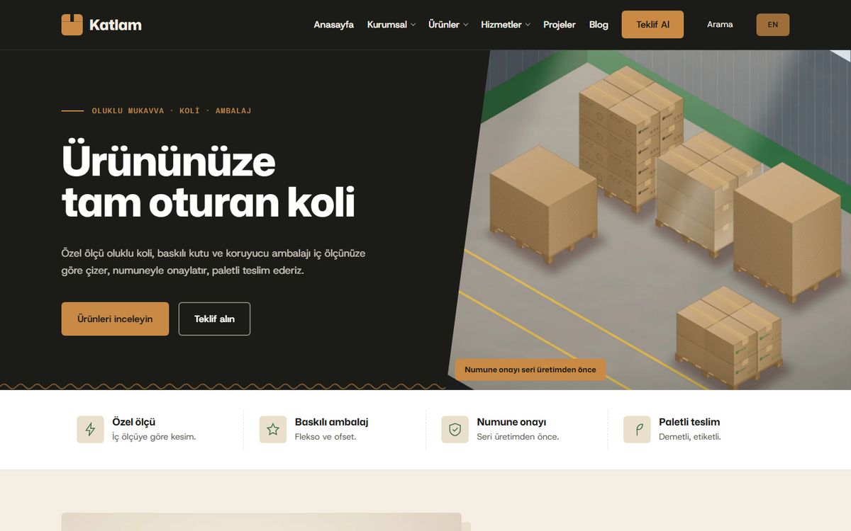 Kodluxe Ambalaj V1 teması — koli ve ambalaj firması web sitesi tasarımının canlı demo görünümü