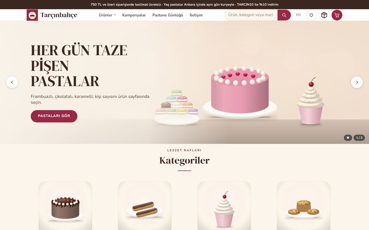 Kodluxe Pastane V1 teması — pastane web sitesi tasarımının canlı demo görünümü
