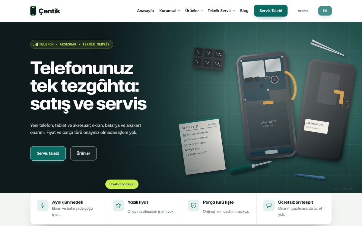 Kodluxe Telefon V1 teması — telefon mağazası ve teknik servis web sitesi tasarımının canlı demo görünümü