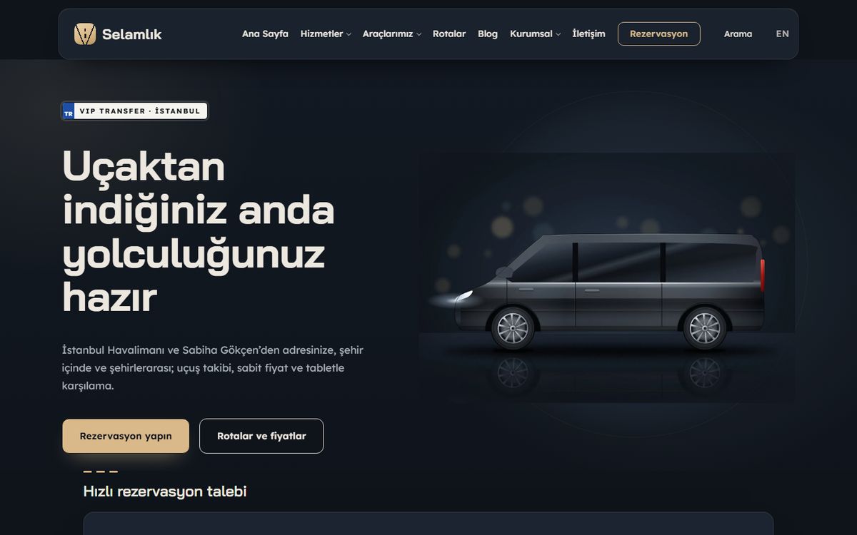 Kodluxe VIP Transfer V1 teması — vip transfer firması web sitesi tasarımının canlı demo görünümü