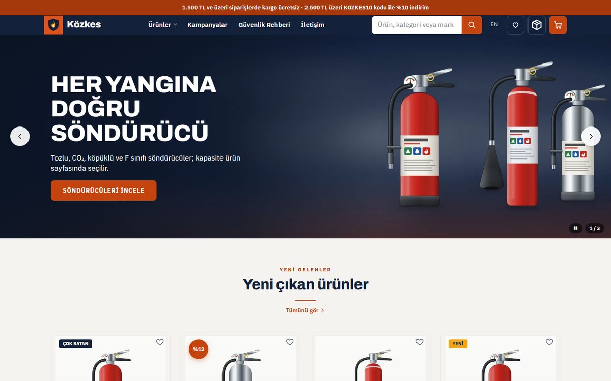 Kodluxe Yangın V1 teması — yangın söndürücü mağazası web sitesi tasarımının canlı demo görünümü