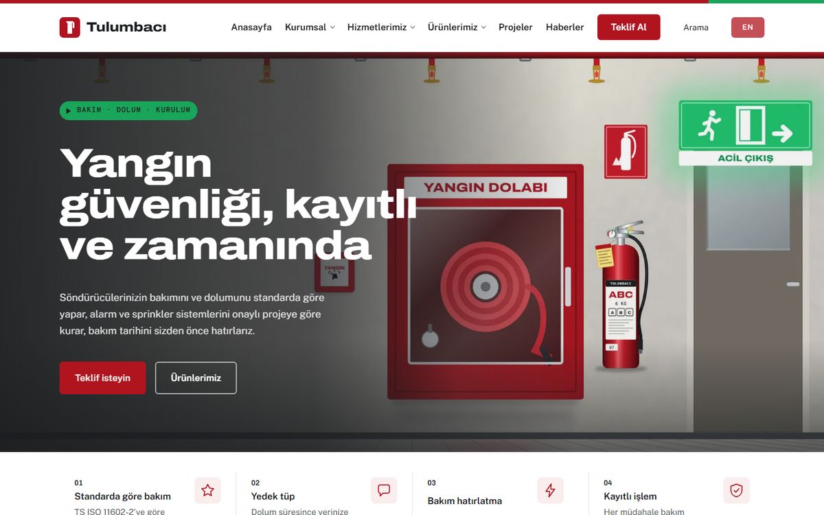 Kodluxe Yangın Söndürme V1 teması — yangın söndürme firması web sitesi tasarımının canlı demo görünümü