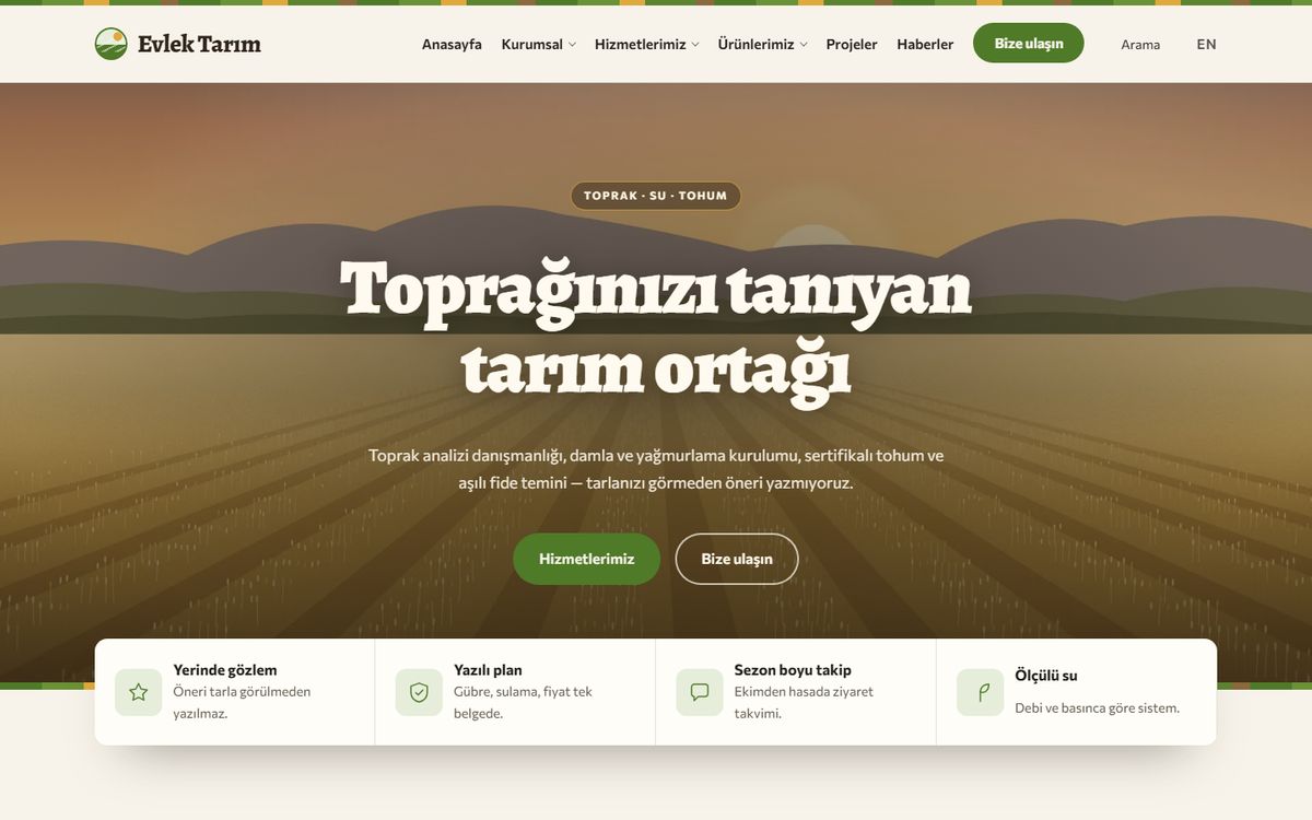 Kodluxe Ziraat Tarım V1 teması — tarım firması web sitesi tasarımının canlı demo görünümü